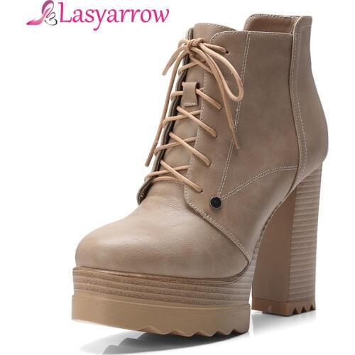 Lasyarrow Zipper Round Toe Female Autumn Winter Boots Ankle Boots For Women Square Heel Platform Boots Lace Up botas mujer F412