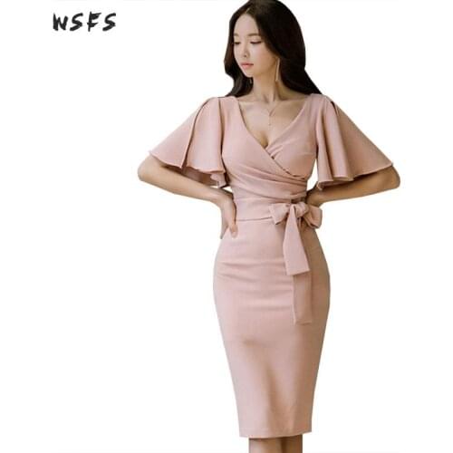 Summer Pink Dresses Vneck Butterfly Sleeve Womens Dress Bandage Bodycon Sexy Party Ladies Bow Pencil Wrap Midi Elegant Dress