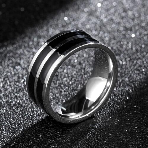 MANGOSKY 8mm Titanium Ring for Men 2 Black Lines Center Cool Black Wide