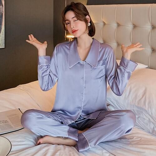 Ins Style Fashion Pyjamas Women Large Size Spring Summer Sleepwear Lapel Silk Satin Ladies Pajamas Set New Pijama Feminino