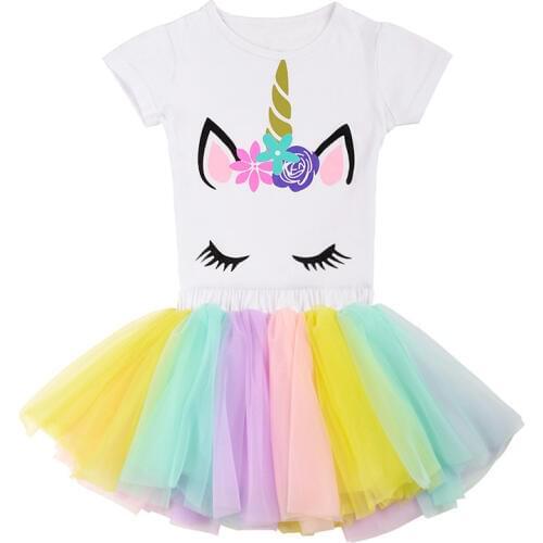 2020 New Summer Girls Clothing Sets 2pcs Casual Fashion Chiffon Soft Skirt & Unicorn T Shirt Ball Gown Baby Girls Clothes 1-8T