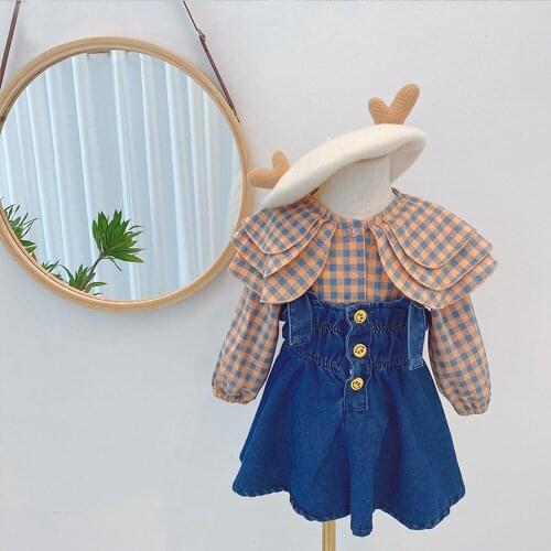 Autumn Girls Princess 2pcs Clothes Set Baby Children Kids Long Sleeve Plaided Tops Shirt+Jeans Overall Pleated Dress Suit S12580