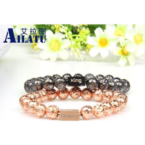 Ailatu Couple Jewelry King and Queen Engrave Logo Stainless Steel Cube 8mm Plated Natural Lave Stone Beads Bracelet
