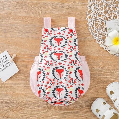 Baby Girls Casual Romper Red Cartoon Fox Printed Pattern Sleeveless Square Collar One-piece