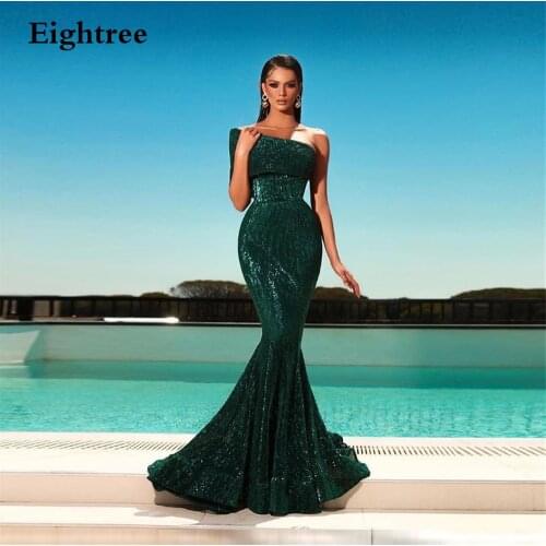 Eightree Bling Green Mermaid Sleeveless Evening Dresses Sparkly Glitter Pleated Long Floor Length Party Gowns Dress