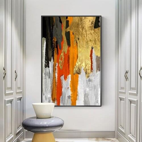 Modern Abstract Canvas Painting Grey Orange Gold Foil Posters and Prints Scandinavian Wall Art Decor Pictures for Living Room