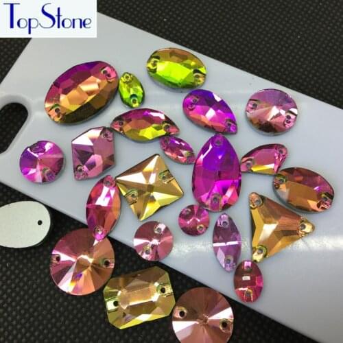 Rainbow Color Glass Crystal Sew on Rhinestones Flatback Drop,Oval,Rivoli More Shapes Sew-on Stone Diy Dress Clothing Making
