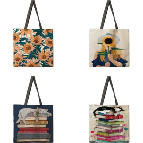 Ins girly print tote bag linen fabric casual tote bag foldable shopping bag reusable beach bag lady shoulder bag