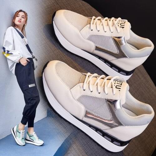 Fashion Leather Small White Shoes Women New Versatile Mesh Hollow Breathable Inside Heighten Shoes Leisure Sports Shoes Womens