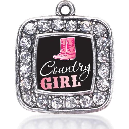 COUNTRY GIRL SQUARE CHARM ANTIQUE SILVER PLATED CRYSTAL JEWELRY