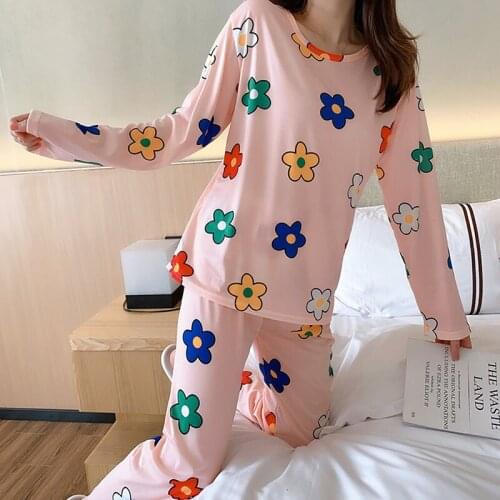 Korea Autumn 2pieces Pajamas Set Women Girls Casual Round Neck Long Sleeve Sleepwear Fashion Floral Print Female Sleepwear
