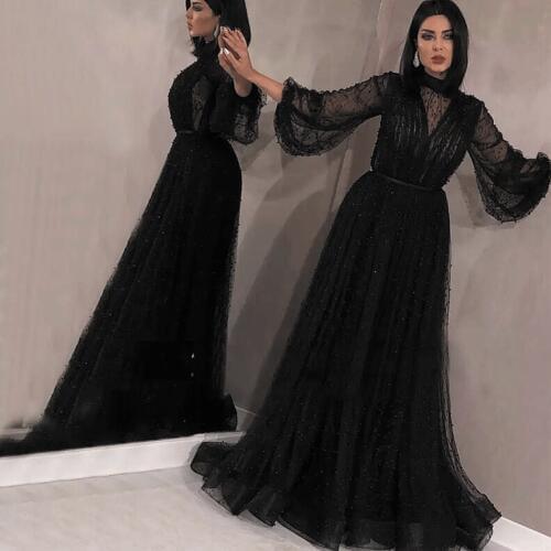 SuperKimJo Black Beaded Prom Dresses 2020 Long Sleeve High Neck A Line Peal Arabic Prom Gown Vestidos De Graduacion Largos 2019