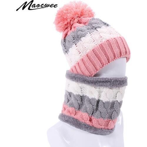 Womens Hats With Scarf Two-Piece Set Warm Bib Beanie Girls Autumn Winter Cap For Women Pompom Hat Female Knitted Caps Fashion