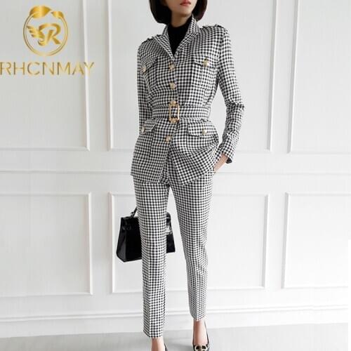 High quality Fashion Office Ladies Plaid Suit Slim Fit Autumn New 2 Piece Set Blazer Suits Vintage Business Work Outfits