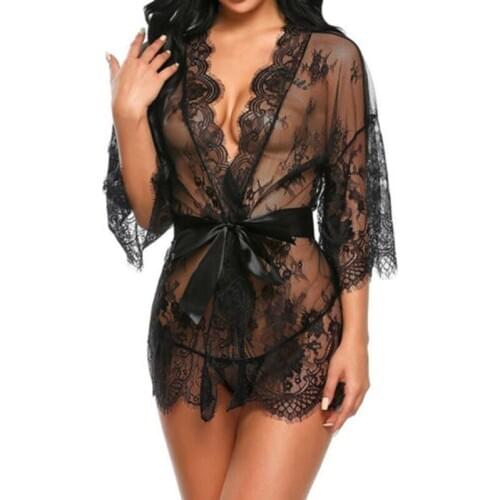 2020 Sexy Night Dress Women Lace Panties Thongs G-string Sleepwear Nightgown Bandage Deep V See Through Sheer Female Clothes