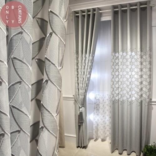 2021Luxury Grey Embroidered Leaves Curtain for Living Room Semi-Blackout Gray Hollow Window Drapes for Bedroom