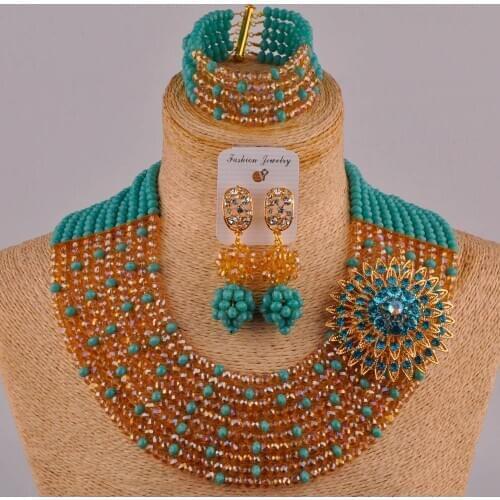 Aqua blue and champagne gold ab costume necklace african set nigerian wedding jewelry sets 10SZ