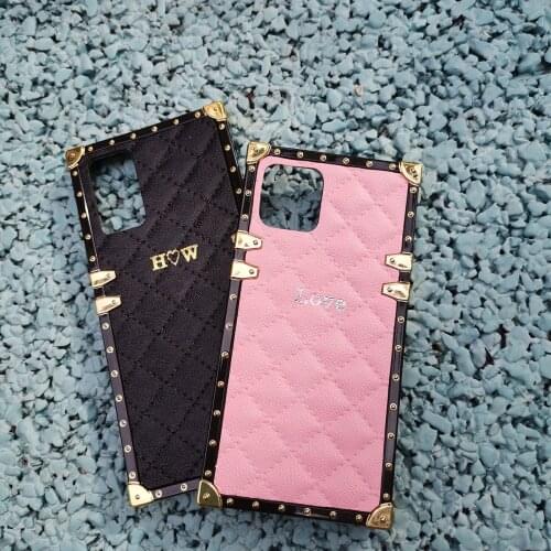 Custom Name Letter Leather Square Phone Case for iPhone 11 12 7 8 Plus X Max XR Samsung Galaxy S20 S21 Ultra S9 S10 Note 10 9 20