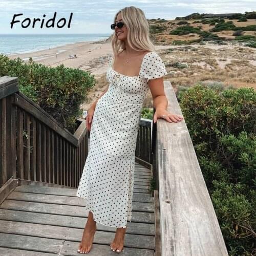 Foridol Polka Dot Pink Vintage Slit Dress Puff Sleeve Lace Up Long Dress Beach Holiday Summer Dress Elegant Ladies Sundress 2021