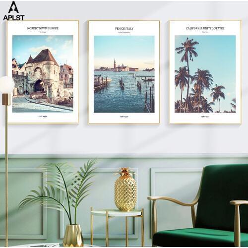 Palm Tree Canvas Painting California Landscape Prints and Posters Venice Italy Nordic Town Printing Picture Living Room Wall Art