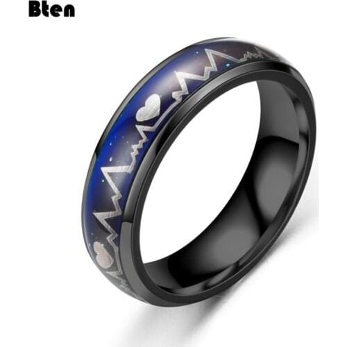 Bten Fashion Discoloration Ring Titanium Steel Mood Color Temperature Feel Heartbeat ECG Mood Ring Wholesale