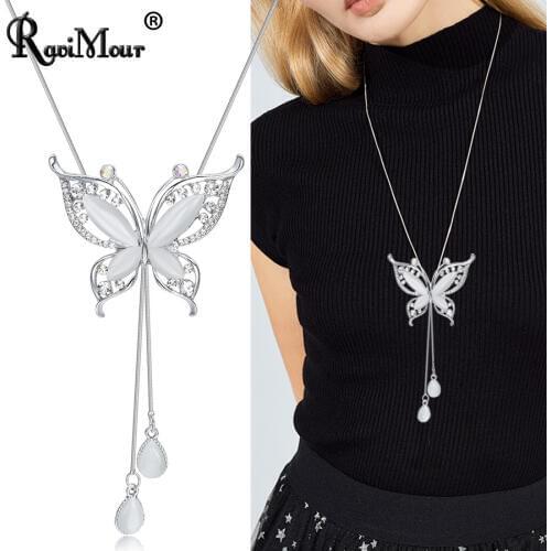 RAVIMOUR Choker Necklace for Women Opal Stone Big Butterfly Collier Femme Fashion Jewelry Korean Long Chain Kolye Gift for Girl