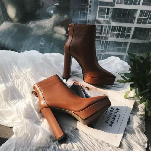 Brown Women Autumn Boots Fashion Beige Platform Winter Shoes Genuine Leather Ladies Martin Boots Pointed Toe Warm Winter Shoes