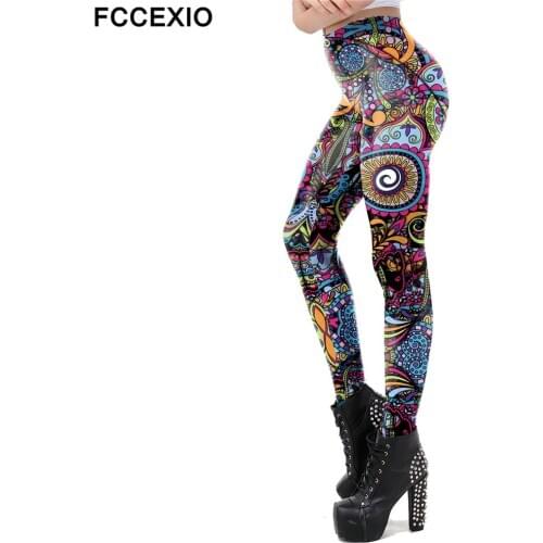 FCCEXIO New Classic Aztec Round Ombre Flower Leggings For Women Mandala Printed Pants Fitness Workout Leggins Elassic Legins