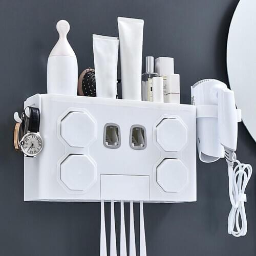 Multifunctional Wall-Mounted Toothbrush Holder Toothpaste Squeezer Kit Non-drilling Storage Rack With Hair Dryer Holder And Hook