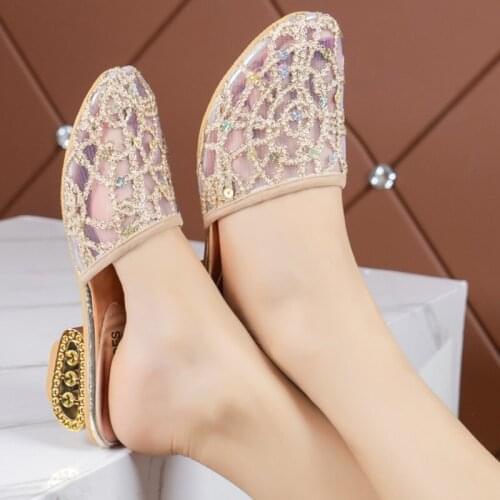Fashion Women Sandals Beautiful Translucent Mesh Sexy Low Heels Mules Slippers（Size 35-43
