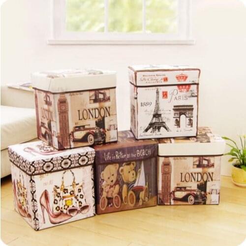 Fashion Vintage Print Film Storage Box Large Capacity Toys Storage Stool Multifunctional With Lid Folding Storage Organizer