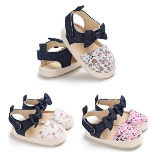 2018 Summer Newborn Baby Girl Soft Sole Floral Bowknot Anti-slip Prewalker Shoes Size 0-18M