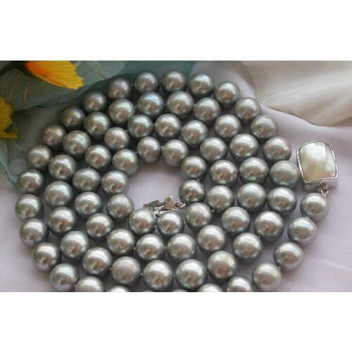 Charming HUGE REAL 32" 12mm ROUND GRAY PEARL NECKLACE