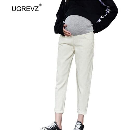 2019 Autumn Belly Long White Denim Pants Trousers Pregnancy Pants for Pregnant Women Jeans Plus Size Maternity Clothing M XL 3XL