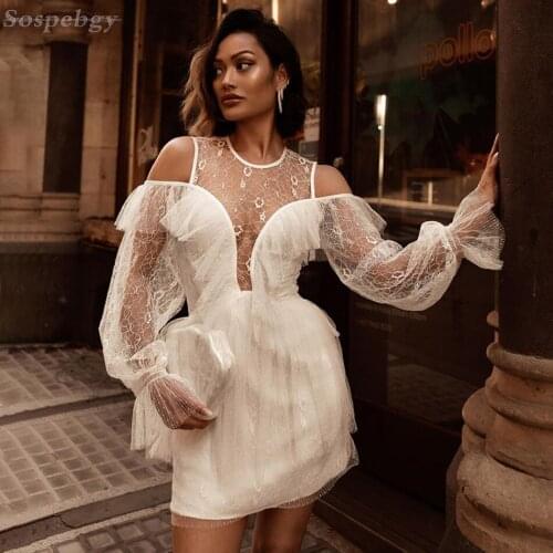 Sexy White Mini Bandage Dress Round Neck Strapless Lace Long Sleeve Stitching Women 2021 Summer Club Party Dresses