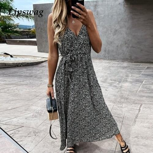 Floral Printing Elegant Women Long Dress Fashion Spaghetti Straps V Neck Party Dresses Ladies Summer Sleeveless Loose Maxi Dress