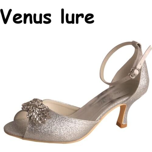 Silver Glitter Bridal Heels for Wedding Under $50 Crystal Ladies Sandals Peep Toe