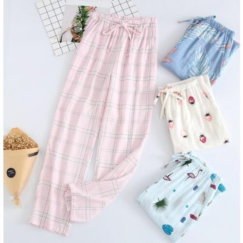 Women Sleep Bottoms 100% Cotton Home Pants Womens Thin Sleeping Trousers Autumn Casual Loose Elastic Waist Print Sleep Pants