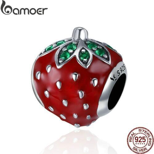 BAMOER Authentic 925 Sterling Silver Sweet Strawberry Red Enamel Charm fit Women Charm Bracelets & Bangles Fine Jewelry SCC369