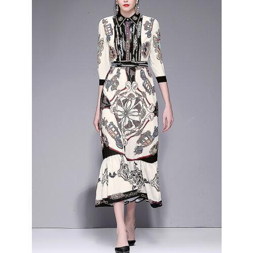 2019 Sale Dress Vestidos Mujer Maxi Dress Summer Womens Beaded Diamond Lapels Stitching Mesh Embroidered Print Long Female