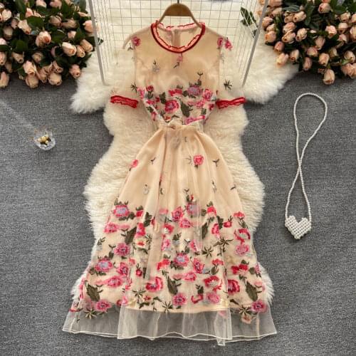 Europe Style 2021 Summer Elegant Women O Neck Short Sleeve Floral Embroidery Mesh Dress Fashion Ladies Party Dresses