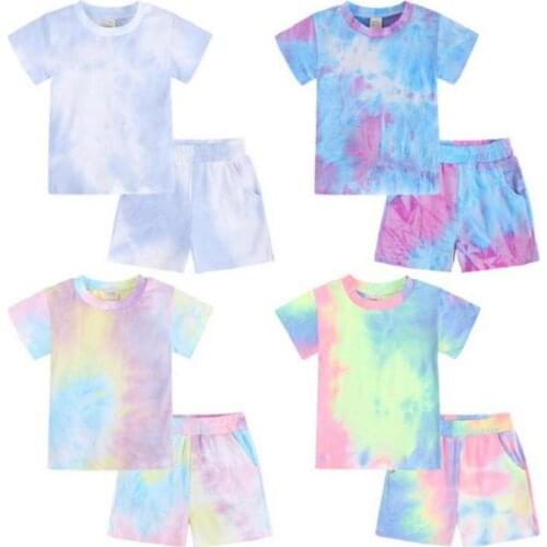 2021 New Summer Baby Girls Tie Dye Printed 2Pcs Clothes Set Colorful Short Sleeve T-shirt+Shorts Kids Boys Children Tracksuit 7Y