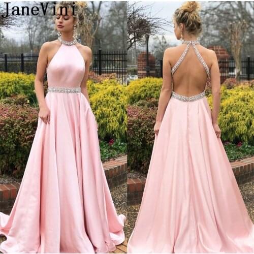 JaneVini Sparkle Crystal Beaded Prom Dresses Pink Long Sexy Backless Satin vestido elegante A Line Women Formal Evening Gowns