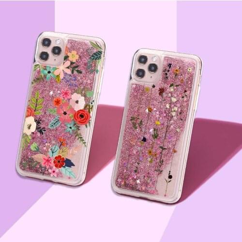 Vintage Floral Cute Flower Sparkle Liquid Real Glitter Phone Case Fundas Cover for iPhone 11 X XS XR Max Pro 7 8 7Plus 8Plus 6