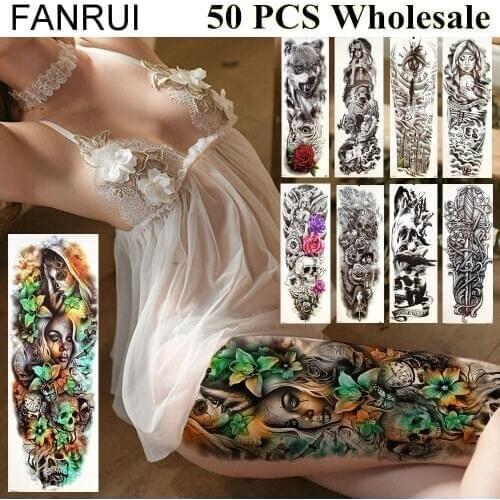 FANRUI 50 Pieces Wholesale Flash 48x17CM Tattoo Long Full Arm Leg Wolf Skull Tatoo For Men Women Henna Body Art Tattoo Stickers