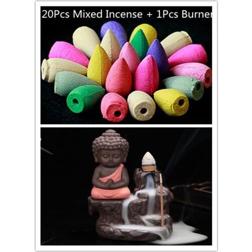 1Pcs Burner With 20Cones Creative Home Decor The Little Monk Small Buddha Censer Backflow Incense Burner Use In Home Teahouse