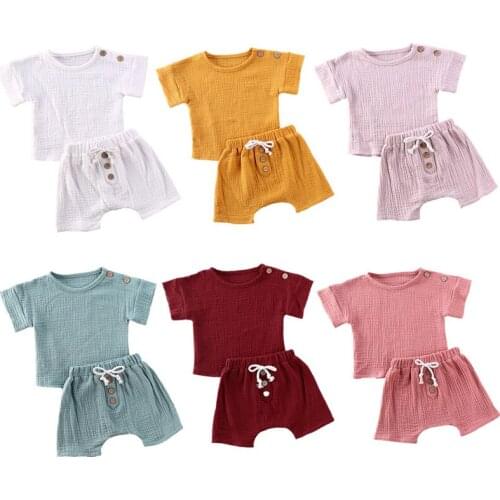 2Pcs Infant Newborn Baby Girls Solid Cotton Linen Clothes Set Short Sleeve Tops Shirt Shorts Bottoms