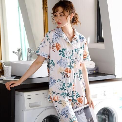 Summer Short Sleeve Long Pants Pajama Sets for Women Print Sleepwear Pyjamas Femme Loungewear Homewear Pijama Mujer Clothes