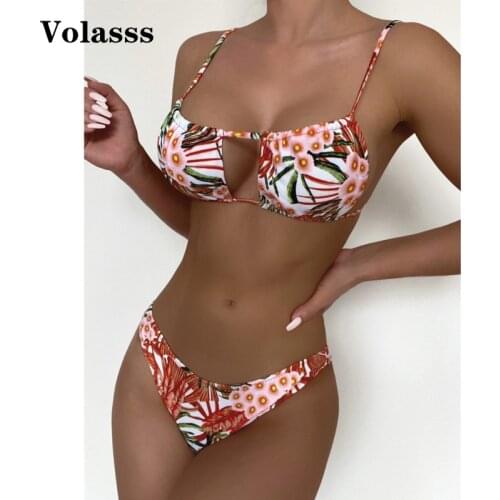 Two Pieces Backless Swimsuit Women Sexy Flower Printed Bikini Set New Summer Brazilian Swimwear Female Lace Up Beachwear Biquini