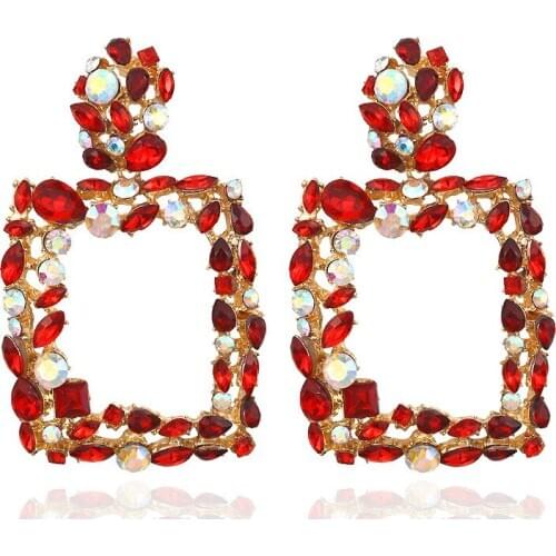 Red Crystal Square Dangle Drop Earrings For Women 2019 Geometric Pendant Statement Earrings Wedding Jewelry Oorbellen Brincos